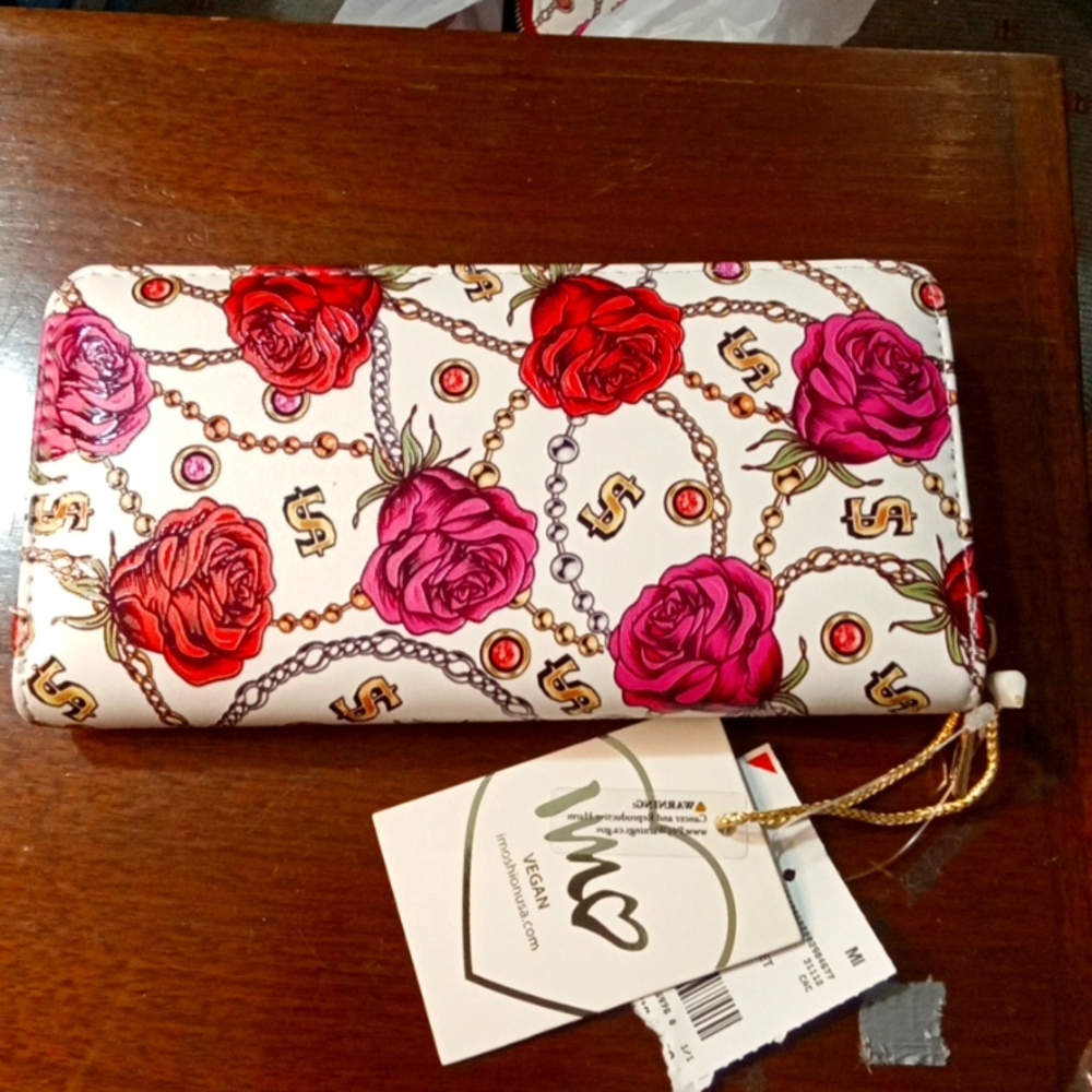 IMOSHION vegan leather wallet with roses & dollar signs NWT